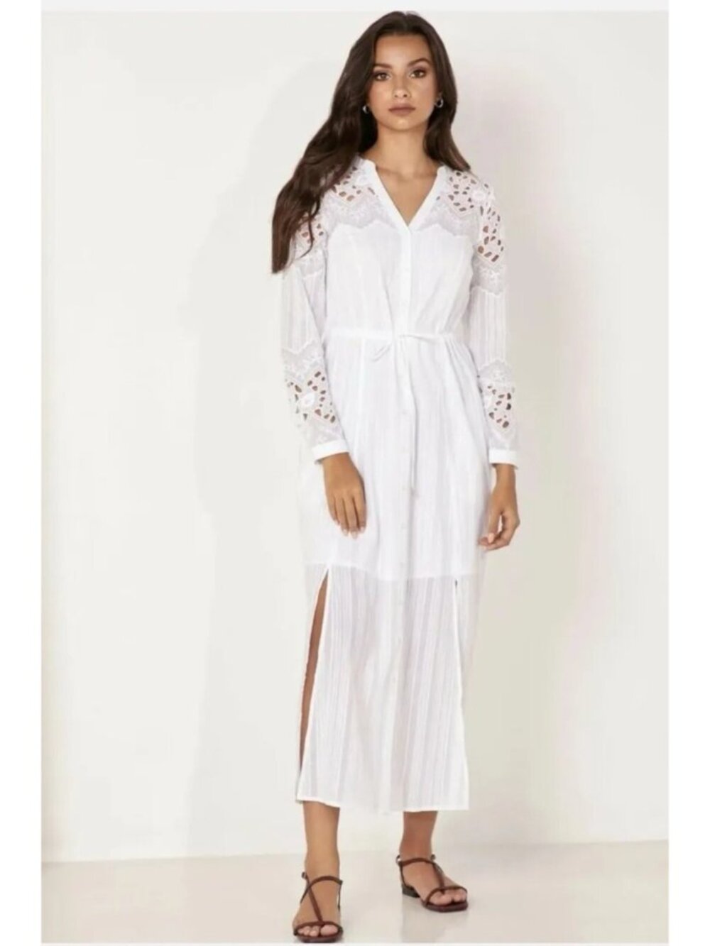 Karen Millen Cutwork Lace Gathered-Waist Shirt Dress